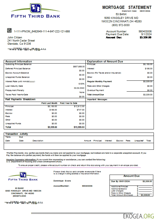 USA Ohio Cinquième Troisième relevé hypothécaire bancaire scr